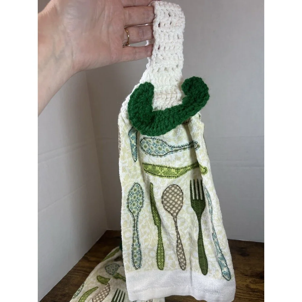 Set Of 2 Hanging Kitchen Towels Crochet Top Spoon Fork Farmhouse Decor Rustic